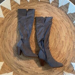 Grey knee high boots